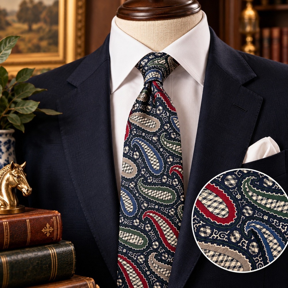aolo Gucci Designer Tie 100% Silk Italy Navy Paisley Red Green Vintage Necktie